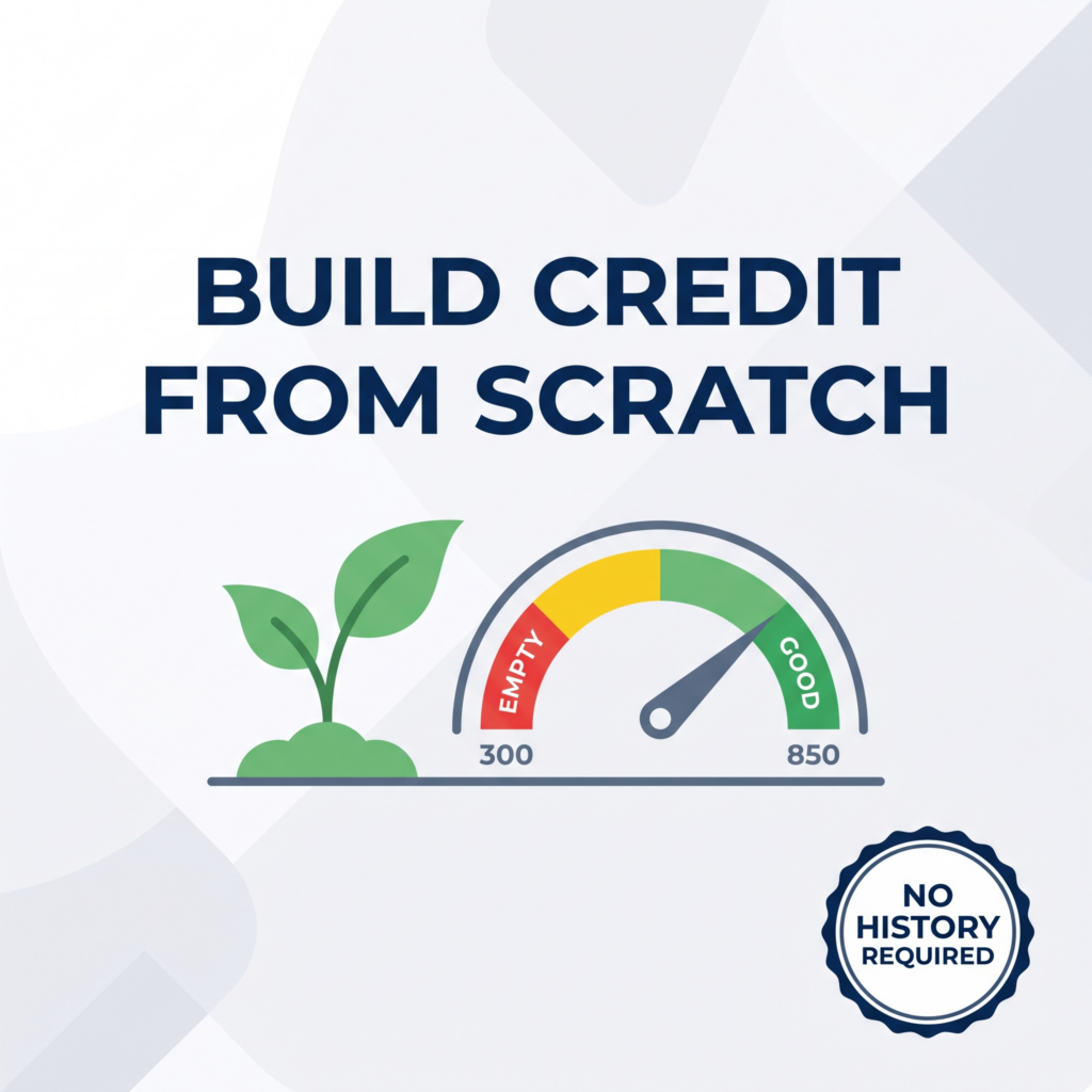 Build credit from scratch infographic showing a growth icon and credit score gauge moving toward good
